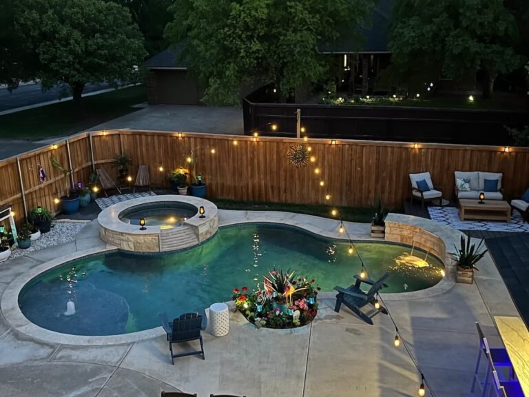 backyard pool at night