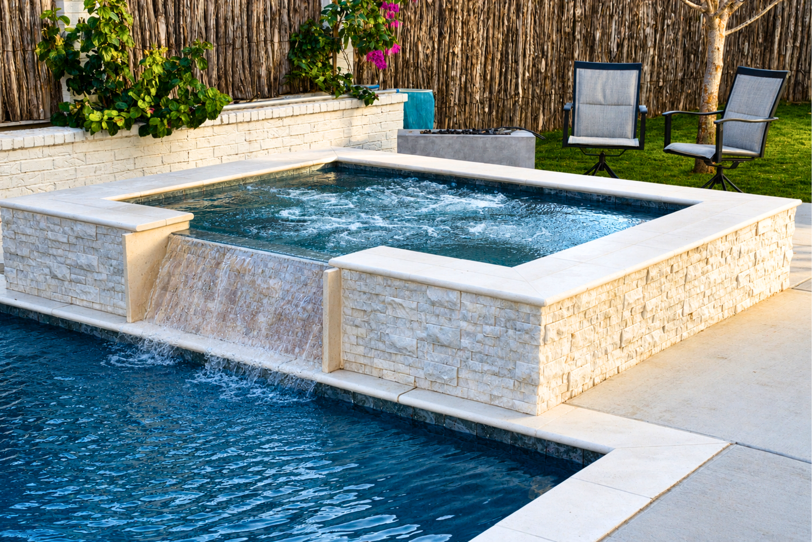 Luxury raised spa with a spillway waterfall flowing into a custom inground swimming pool in Amarillo, Texas.