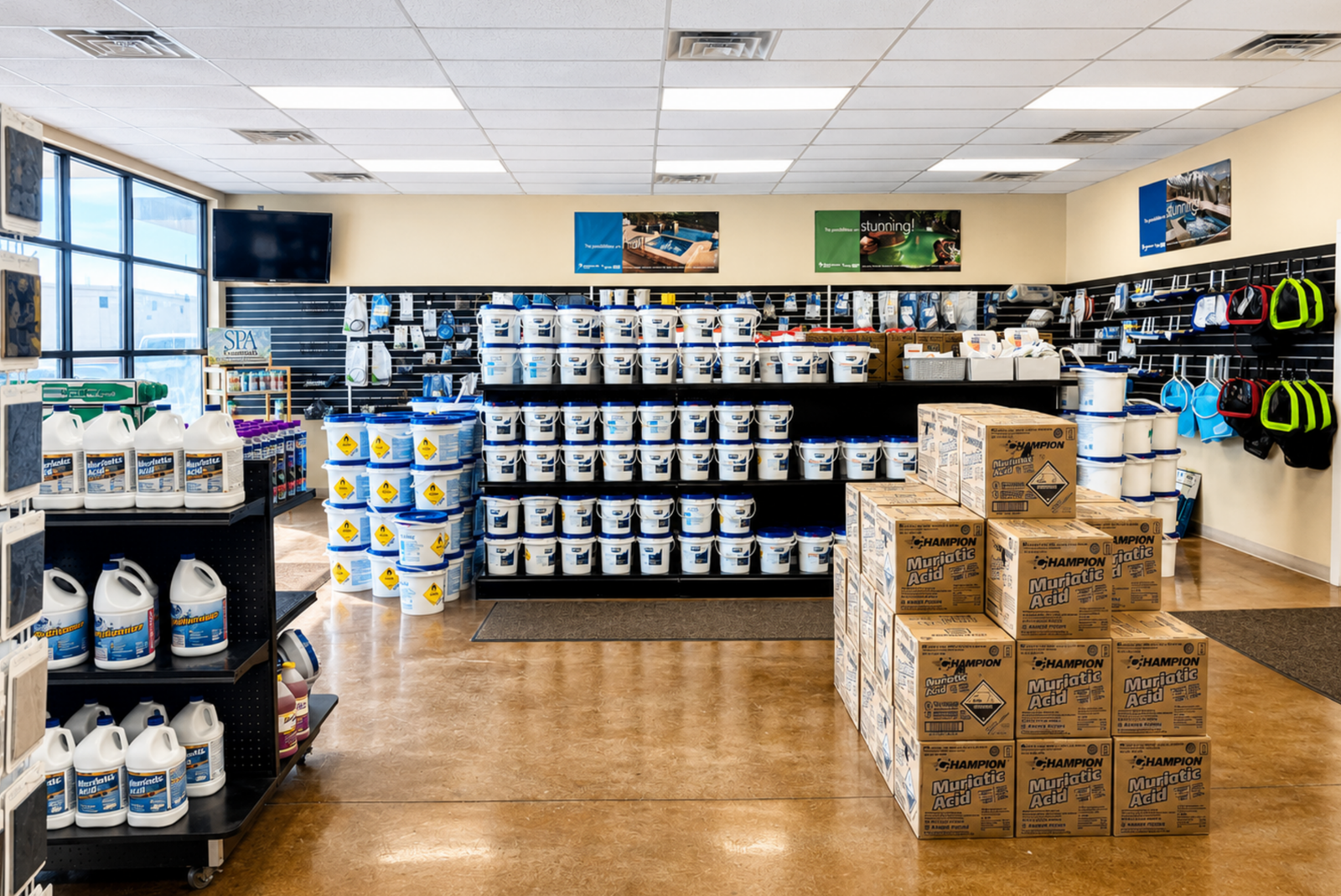 Pool supplies store in Amarillo, Texas offering pool chemicals, filters, pumps, cleaning equipment, replacement parts, and water testing for residential swimming pools.
