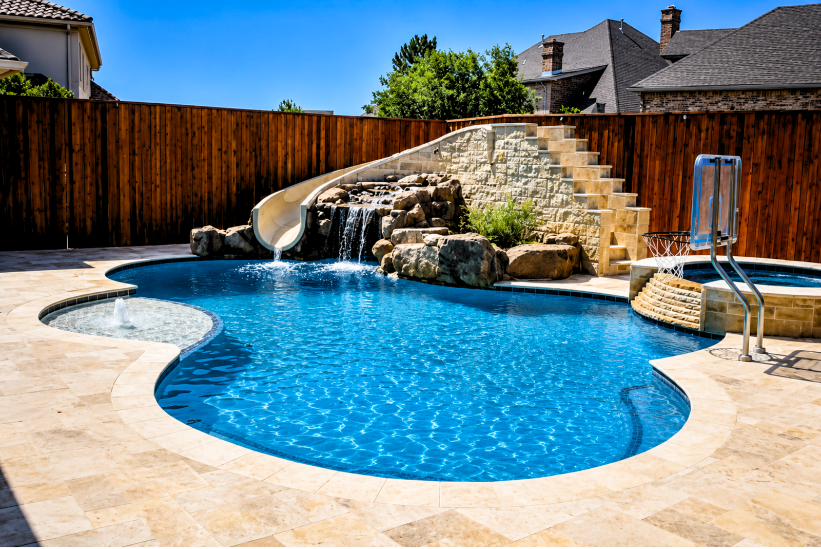 Custom inground swimming pool with rock waterfall feature in Amarillo